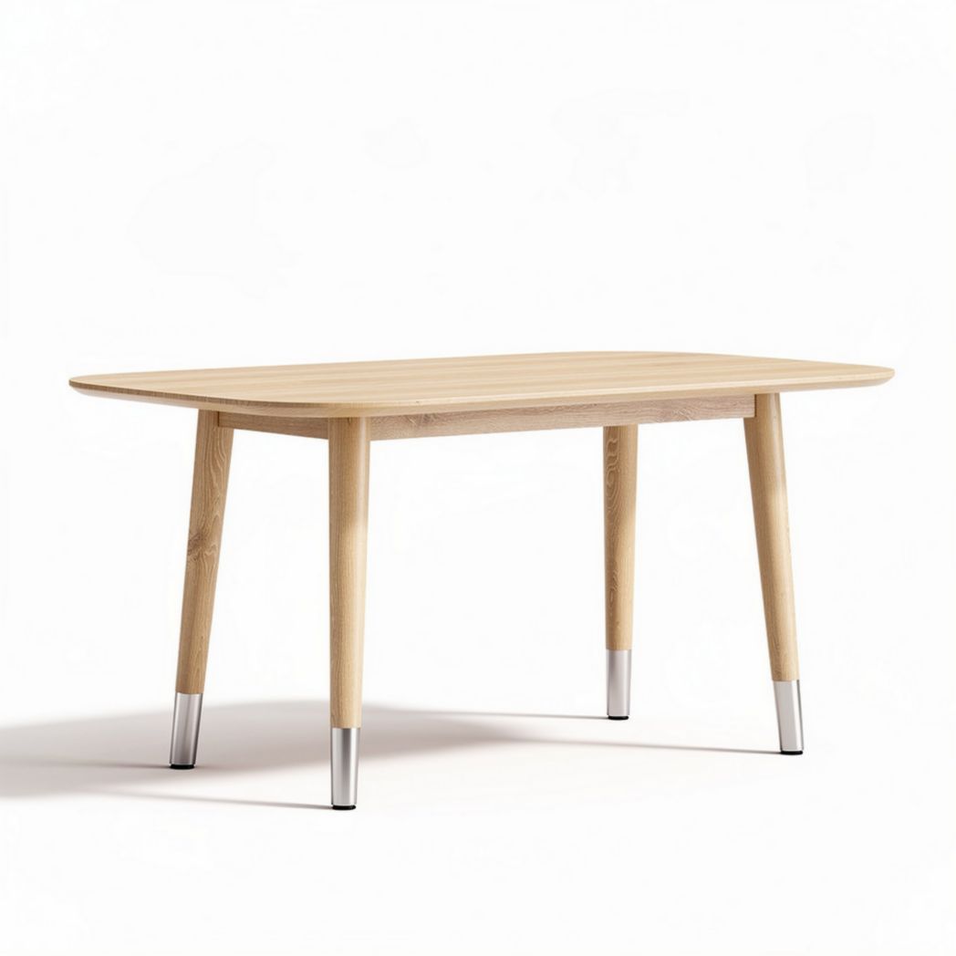 Bamboo dining table with rounded edges and silver metal legs 150 x 90 x 75cm