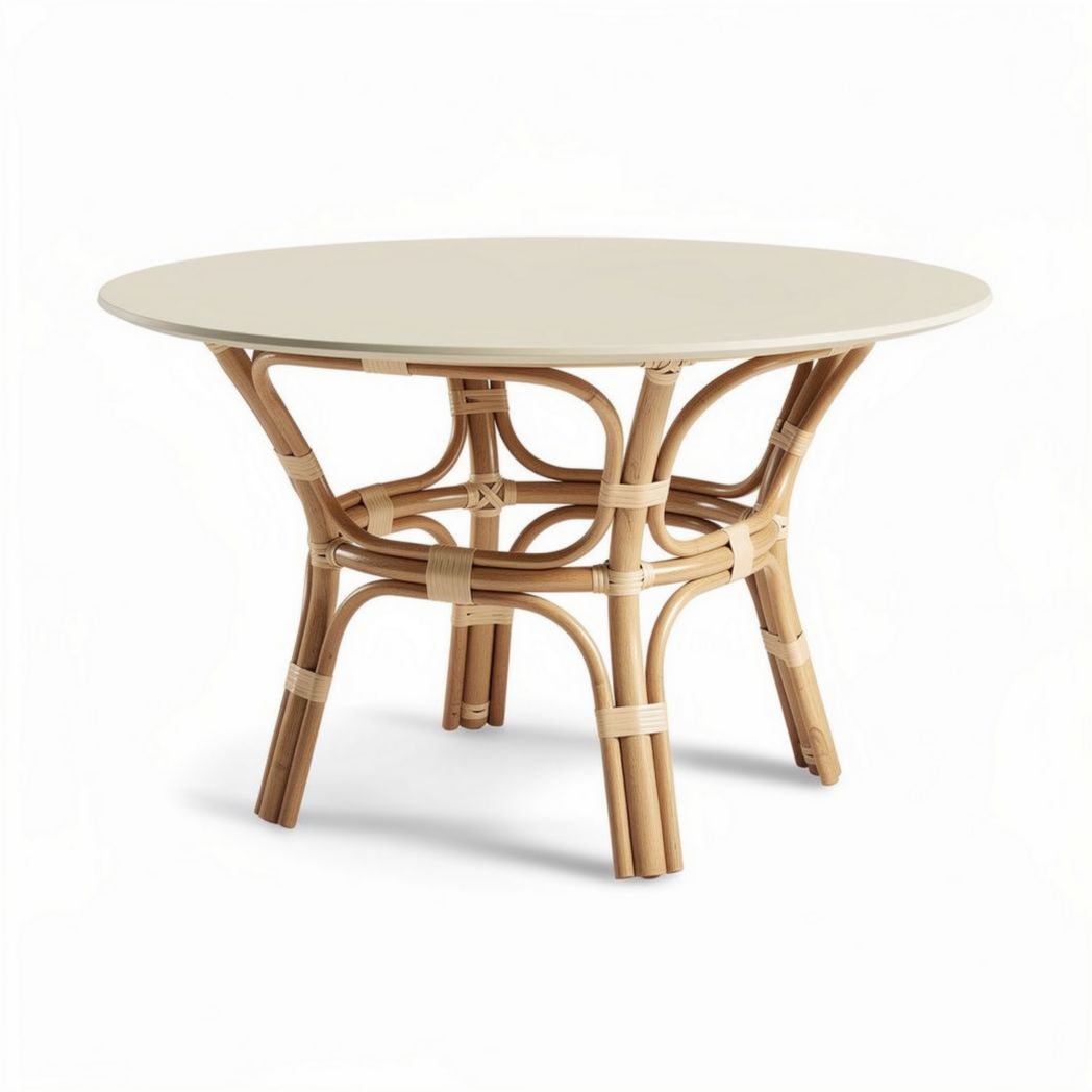 Round rattan dining table with cream top and bamboo base 100 x 100 x 75cm