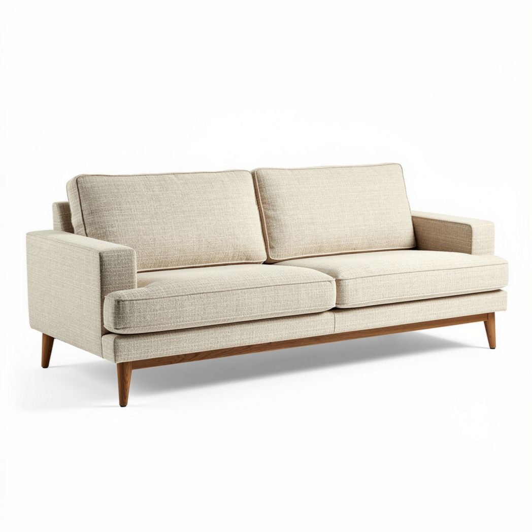 Modern fabric sofa with wooden legs in neutral beige color 200 x 90 x 85cm