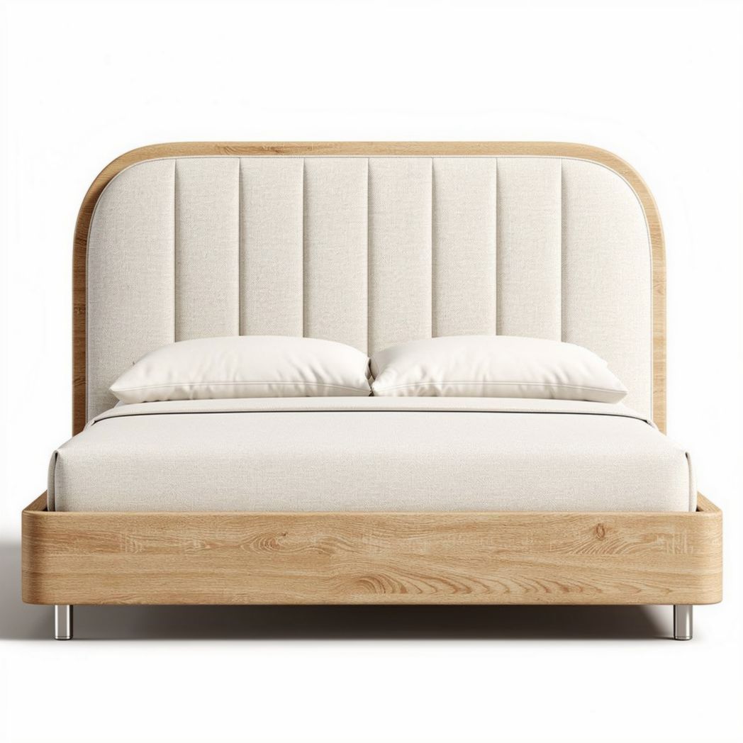 Upholstered bed with wood frame and headboard in cream color 200 x 160 x 100cm