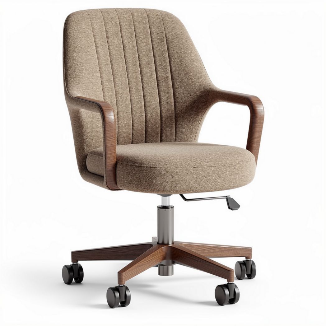 Fabric upholstered office chair with wooden armrests and adjustable height
