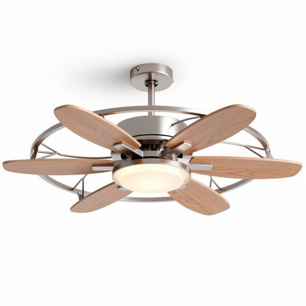 Ceiling fan with light and wooden blades in brushed nickel finish 52 x 52 x 30cm