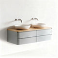 Double ceramic sink vanity set with gray cabinet and wood top 120 x 50 x 20cm