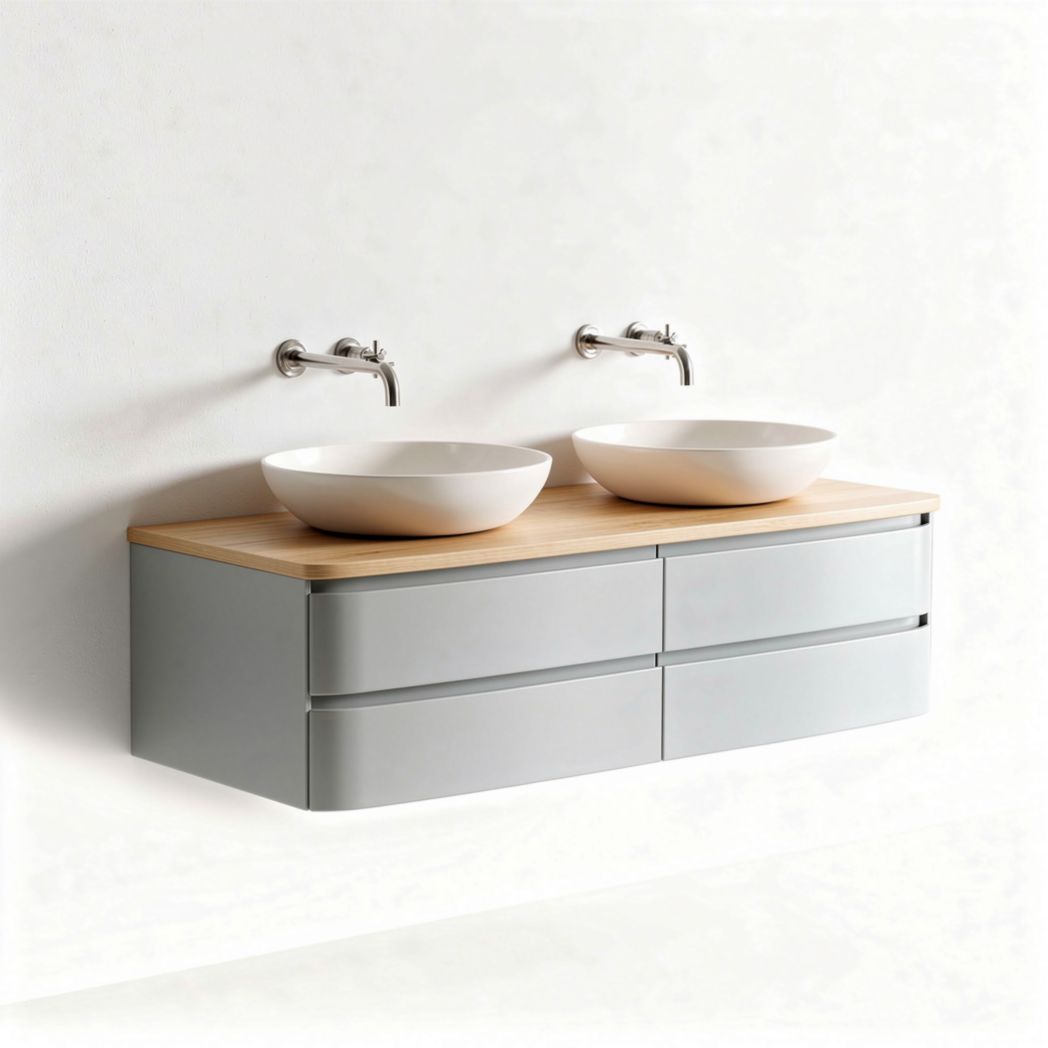 Double ceramic sink vanity set with gray cabinet and wood top 120 x 50 x 20cm