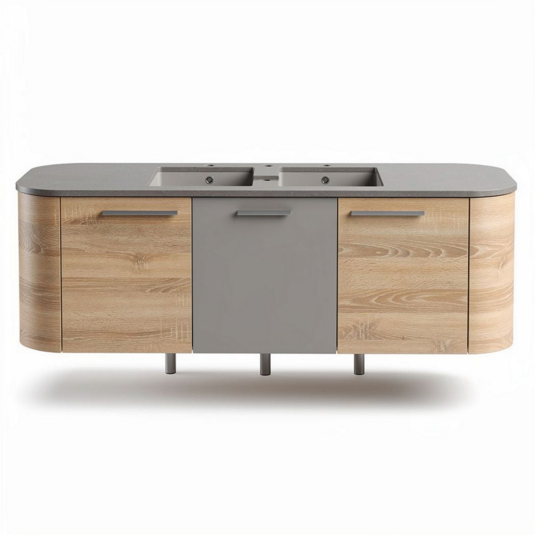 Wooden kitchen island with gray countertop and dual sink 150 x 60 x 90cm