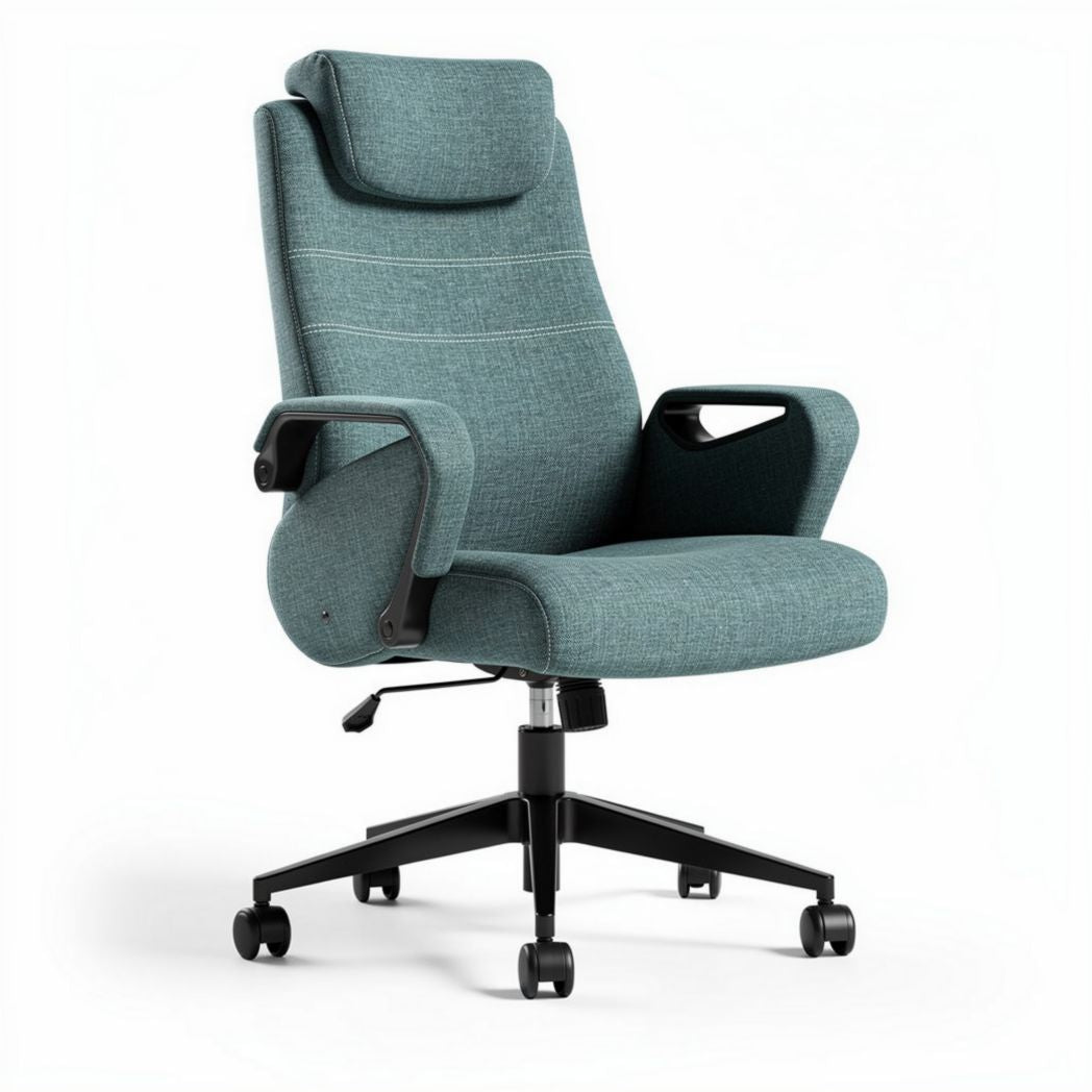 Ergonomic office chair with adjustable headrest and fabric upholstery in teal 55 x 65 x 120cm