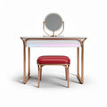 Vanity table set with round mirror and red padded stool in metal frame