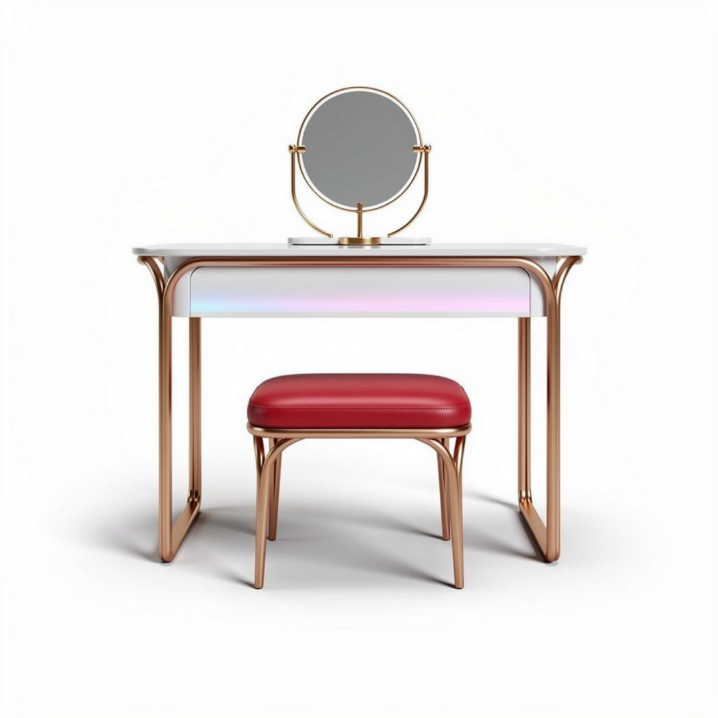 Vanity table set with round mirror and red padded stool in metal frame