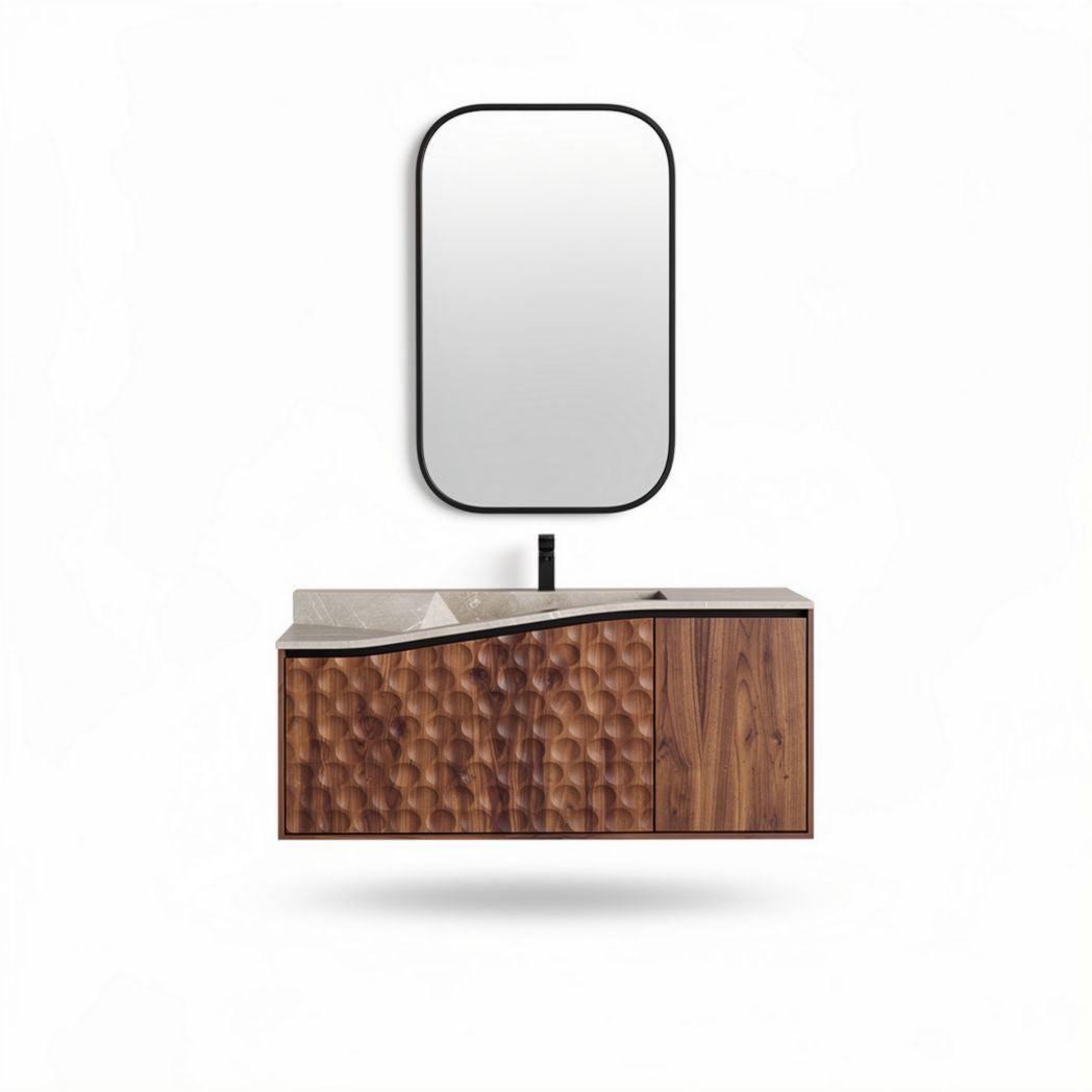 Wooden bathroom vanity with integrated sink and rectangular mirror 120 x 50 x 50cm